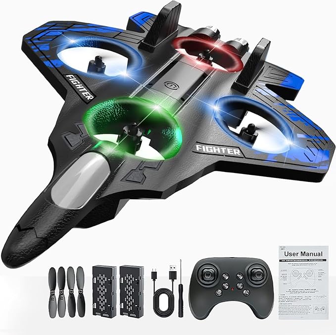 Foam Remote Control Airplanes RC Plane with Light RC Airplane Fighter Jet 360° Flip Stunt Roll Drones for Men RC Airplane (Blue)