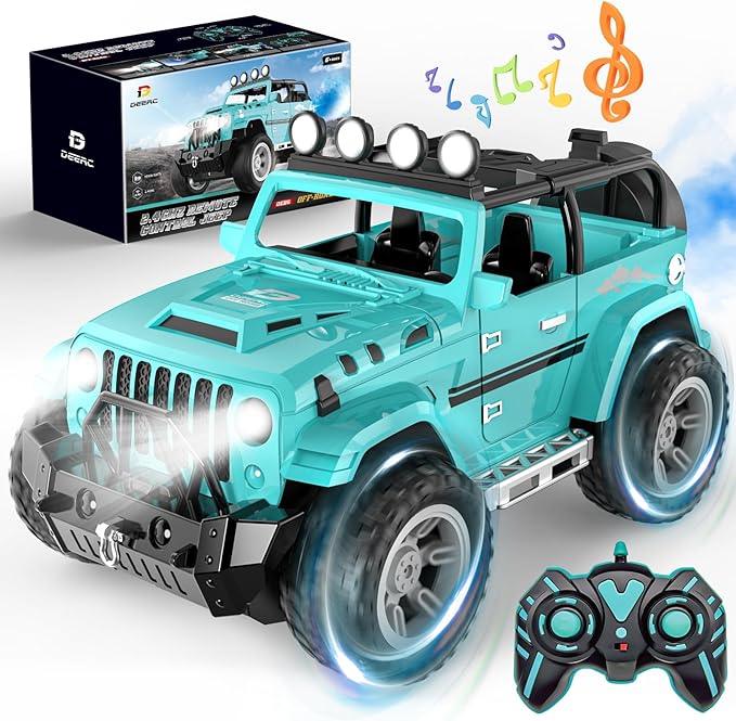 DEERC Remote Control Car with Fog Mist &amp Music 1:16 Remote Control Truck for Boys 2.4Ghz RC Car Toy with 2 Batteries All Terrain SUV Gifts Crawler with Trailer Hitch