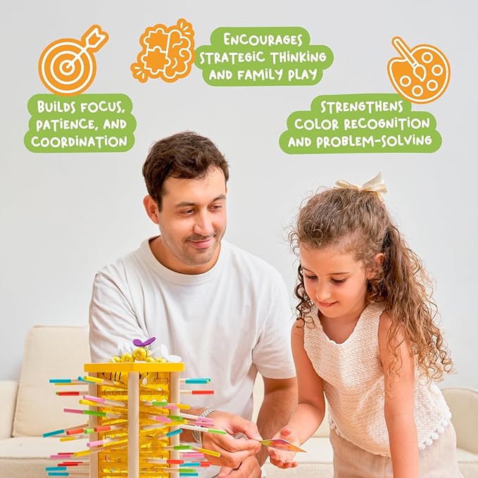 Nene Toys BeeFall Jumbo 4-in-1 Wooden Honey Bee Toy for Kids Ages 3-9 - Educational Game with Wooden Honeybee Hive 12 Bees Colorful Sticks Dice &amp Cards - Fun Family Game for Cognitive Developm