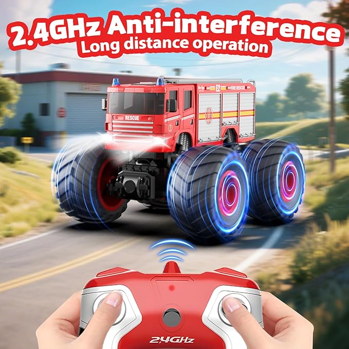 1/18 Remote Control Fire Truck Toy for Kids 2.4GHz RC Monster Truck Toy with LED Lights &amp Sound Rechargeable Electric Vehicle Gift for Boys Girls