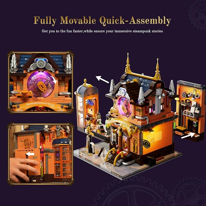 Steampunk Memory Magic Shop Lighting Building-Bricks Set 2056 Pcs Modular Building from Chrono Custodians Collection Display Set for Adults and Steampunk Lovers
