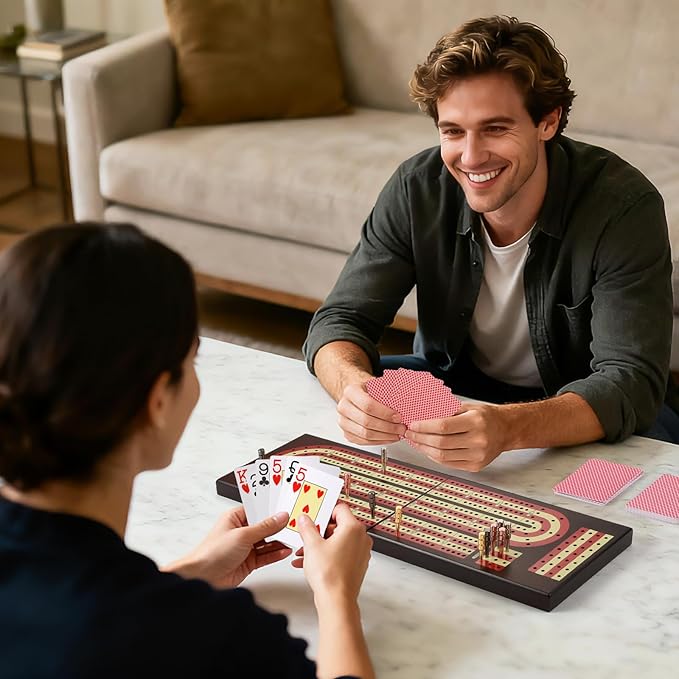 Cribbage Board Foldable 4-Track Cribbage Board Game Set Solid Wood Game Board with 12 Brass Pegs &amp Felt-Lined Storage for 2-4 Players with Convenient Pouch