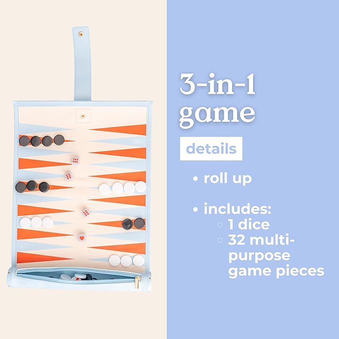 ban.do Cute Travel Games 3 in 1 Board Games for Adults Checkers Backgammon Leatherette Activity Roll Checkered
