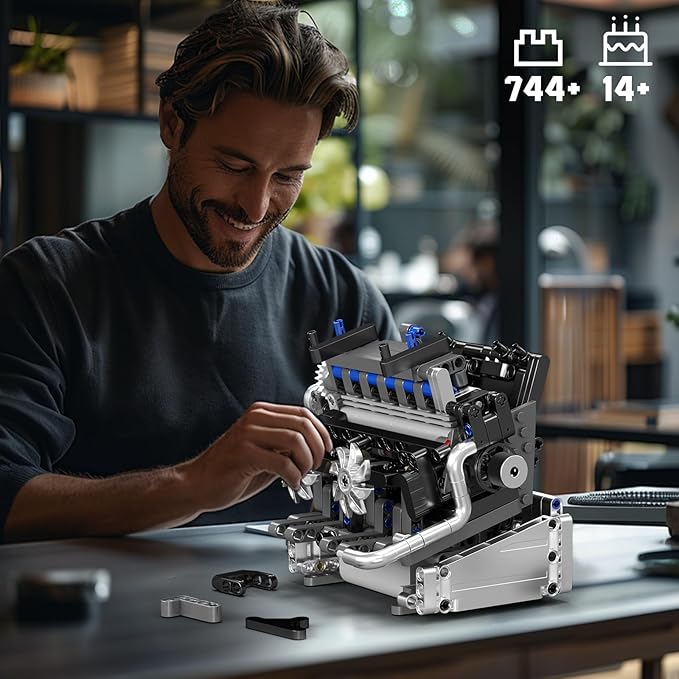 Mould King 10213 Car Engine Building Sets Intelligent Chip Drive Engine Model Kit That Runs Build Your Own STEM V8 Engine Model Toys for Adults Collections Home or Office Décor (744+ PCS)