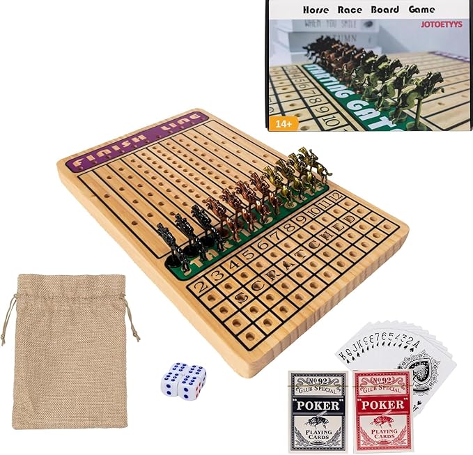 Horse Race Board Game with 11 Luxury Metal Horses 4 Dice 2 Card Boxes and Thickened Wood Game Board for 2-11 Players Family Party for Adults Teens &amp Kids Horse Racing Game