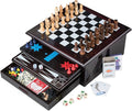 Board Game Set - Deluxe 15 in 1 Tabletop Wood-accented Game Center with Storage Drawer (Checkers Chess Chinese Checkers Parcheesi TicTacToe SOlitaire Snakes and Ladders Mancala Backgammon Pok