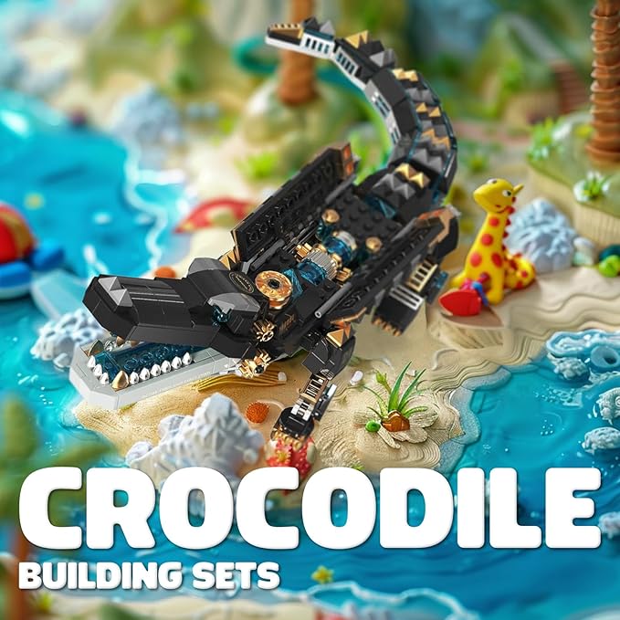 Mechanical Alligator Building Set 541 Pieces Steampunk Crocodile Model Kit with Golden Nameplate Articulated Swamp Beast Construction Toy Cyberpunk Bio-Animal Decor Gift for Adults Teens