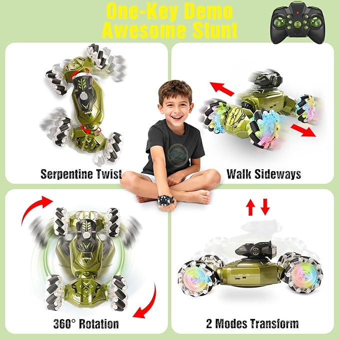 Gesture Sensing Remote Control Car RC Cars Toys for Boys Age 6-12 4WD Hand Controlled Twist &amp Transform 360° Spins Stunt Car with Mist Light &amp Music 8-10 Year Old Boys Birthday Gift Green