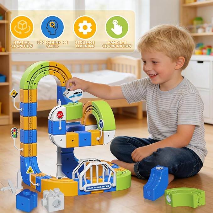 Electric Train Set Flexible Racetrack for Kids 3-8 124PCS(36Track +1 Train) Train Track Gravity-Defying Race Track 3D Embedded Layouts STEM Educational Building Toy Gifts for Boys Girls