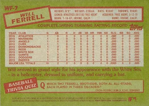 2015 Topps Archives Will Ferrell #WF-7 Will Ferrell Baseball Card - Chicago White Sox