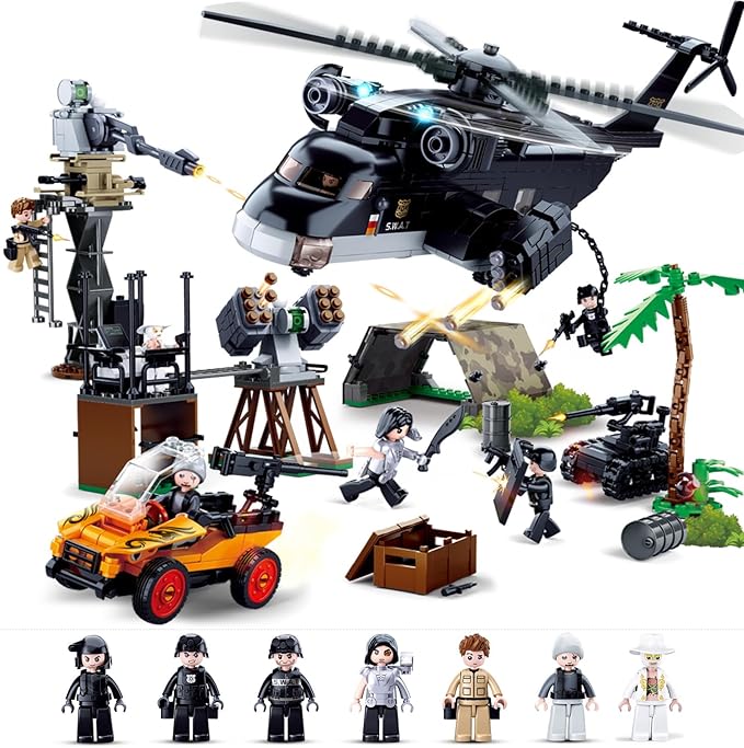 City SWAT Building Set - 7 Minifigures Helicopter Police Car &amp 830 Pieces - Compatible with Lego City Police Station - Gift for Boys &amp Girls Aged 6+