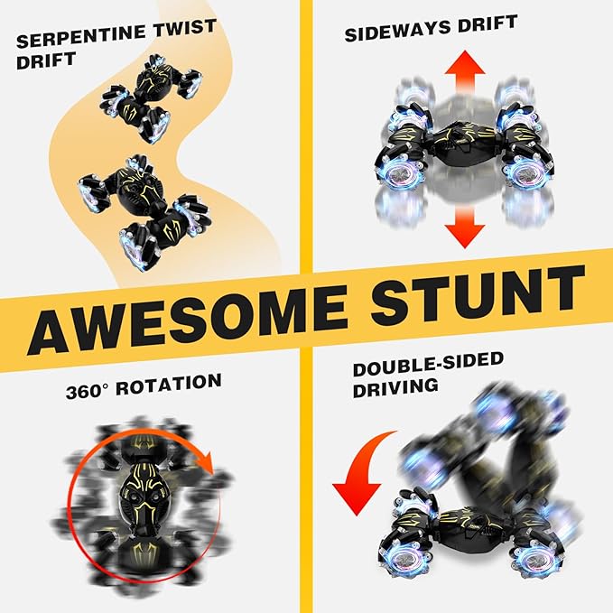 Remote Control Car for Boys 8-12 4WD Gesture Sensing RC Stunt Car 2.4Ghz with Lights Music Sprayer RC Cars for Boys Age 4-7 8-12 Hand-Controlled Cars Toys Birthday Gifts for Kids Girls Black