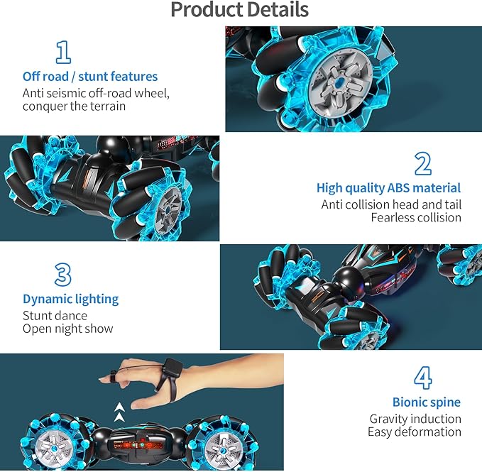 Deejoy 1:12 Gesture Sensing RC Stunt Car 2.4GHz 4WD Hand Controlled Remote Control Car for Boys 8-12 Double Sided Rotating Off Road Vehicle 360° Flips with Lights Music for Birthday