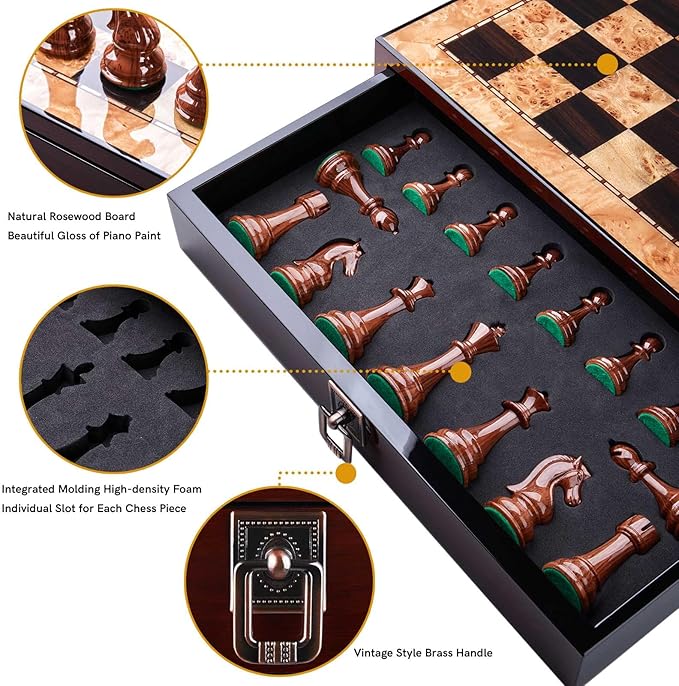 AMEROUS 17 inches Wooden Chess Set with High Polymer Weighted Chess Pieces / 2 Built-in Storage Drawers / 2 Extra Queens / 3.75'' King Classic Board Game