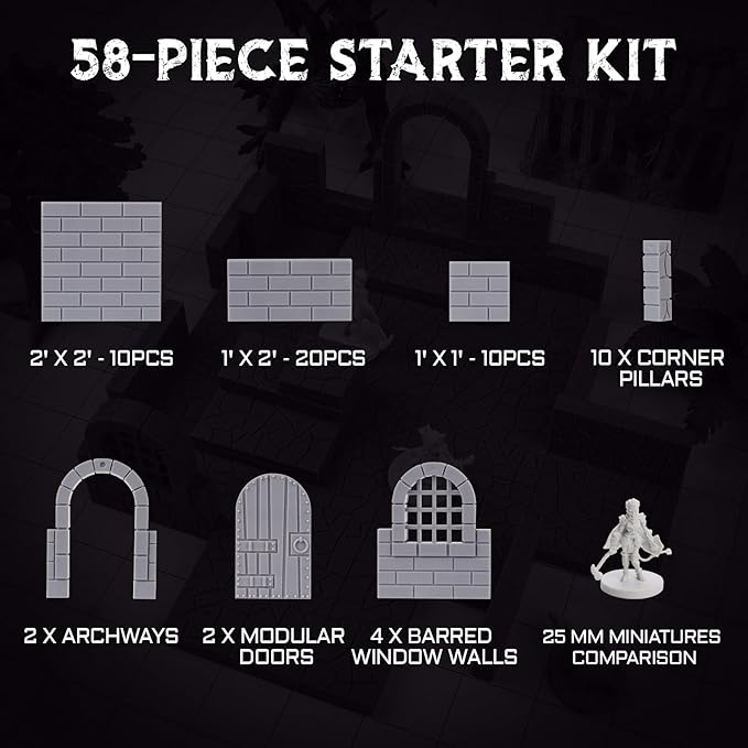 CZYY Magnetic Dungeon Tiles Set – 58 PCS Modular &amp Paintable Terrain Kit with Double-Sided Textured Floors Doors &amp Windows – Build 3D Battle Maps for DND Wargames &amp Tabletop RPGs (Basic