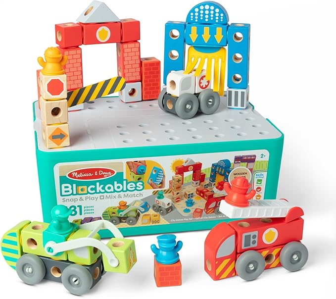 Melissa &amp Doug Blockables™ Deluxe City Snap and Play Mix and Match Connectable Wooden Building Blocks Set with Storage Bin and Play Lid (122 Pcs) Ages 2 to 7- FSC Certified