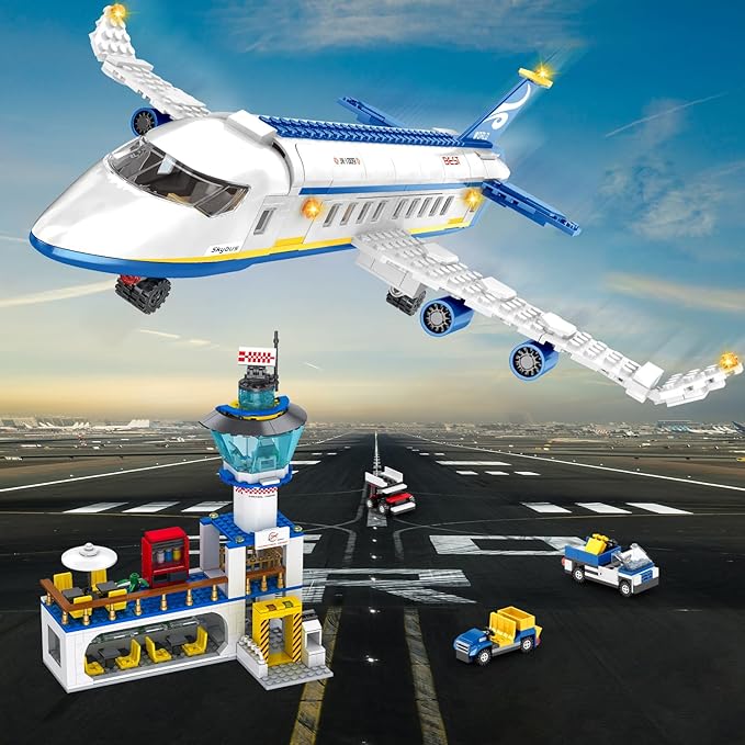 880 Pcs City Airport Passenger Terminal Building Set 6 IN 1 Airplane Building Blocks Toy STEM Aircraft Bricks with Shuttle BusLuggage CartPlanes Model Toys Gifts for Adults Boys Ages 6-12+