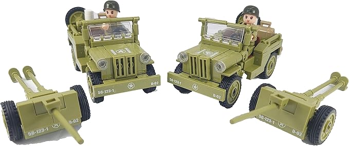General Jim's WW2 US Army 4x4 Vehicle &amp Artillery Set Army Green Military Trucks with Tow Cannons 2 Figures &amp Custom Weapons Brick Building Set for All Building Levels Compatible with Major B