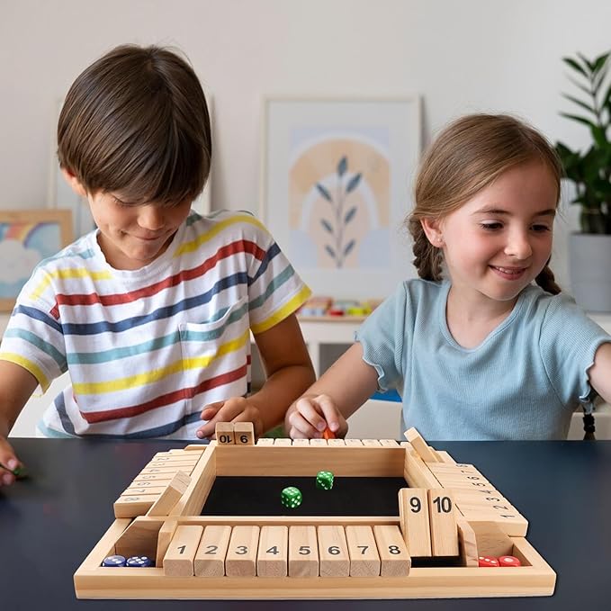 GSE Games &amp Sports Expert 1-4 Player Wooden Shut The Box Dice Board Game with 8 Dice. 4-Way 10 Numbered Shut The Box Set of Popular English Pub Board Game - Natural Wood