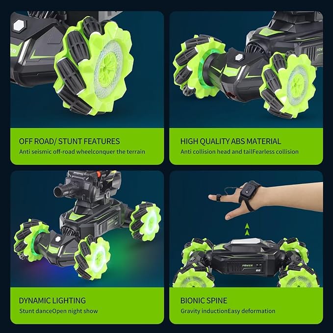 Rc Car Shoot SoftBulletFits for Nerf Remote Control Hand Gesture Stunt Drift Truck 360°Rotating Battle Tanks with Soft Bullets Water Bomb Spray Music Led Toy Gifts（Green）