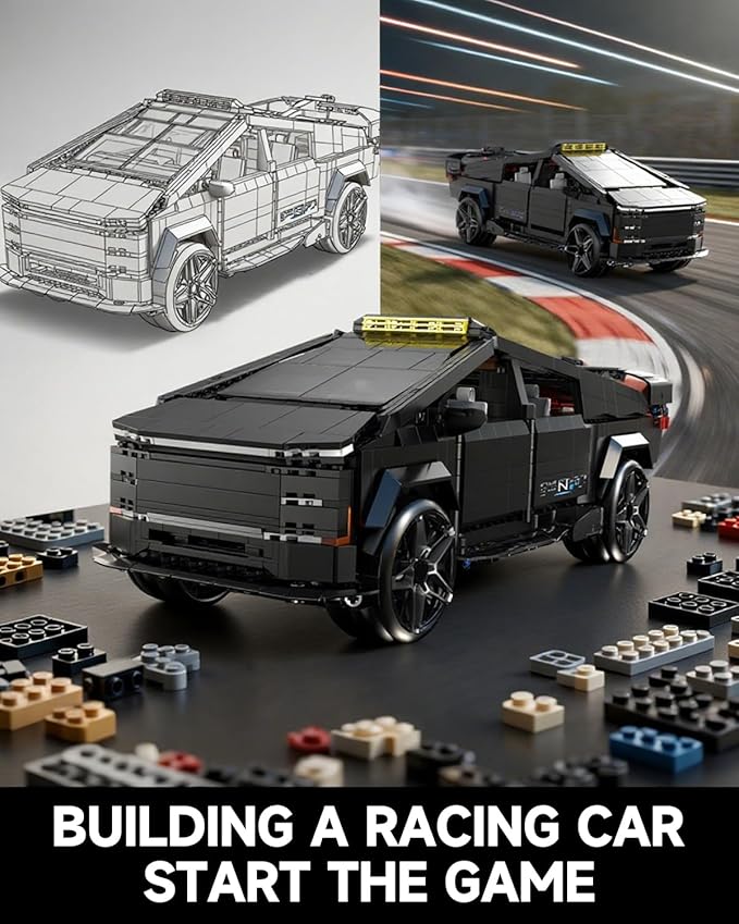 Remote Control Building Kit Futuristic Cyber Truck Model Black Electric RC Vehicle with Omniwheel Drift 1572 Pieces Construction Set for Adults 14+