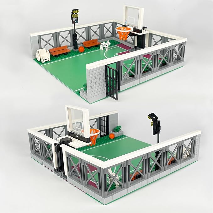 Basketball Court Building Block Set with 18 Sport Figures Compatible with Lego 853792 Accessory Basketball Accessory with Solt Can Be Held Bench Hoop for Basketball Fans