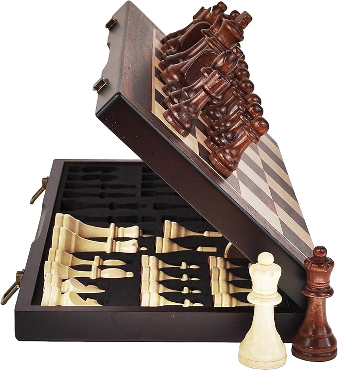 15 Magnetic Wooden Chess Set - Folding Portable Travel Chess Board - Hand Carved Pieces - Foam Storage Slots - 2 Extra Queens - Tournament and Beginner Play - Adults and Kids