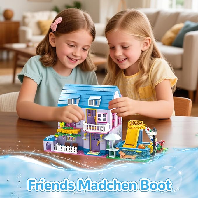 3 in 1 Girls Summer Villa Friends Building Set Compatible with Lego Friends with Swimming Pool Slide &amp Pet Home- Creative Modular House Playset for Kids Aged 6+