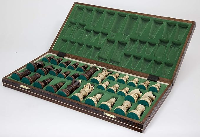 Wegiel Handmade European Ambassador Chess Set - Wooden 21 Inch Beech &amp Birch Board with Felt Base - Carved Hornbeam &amp Sycamore Wood Chess Pieces