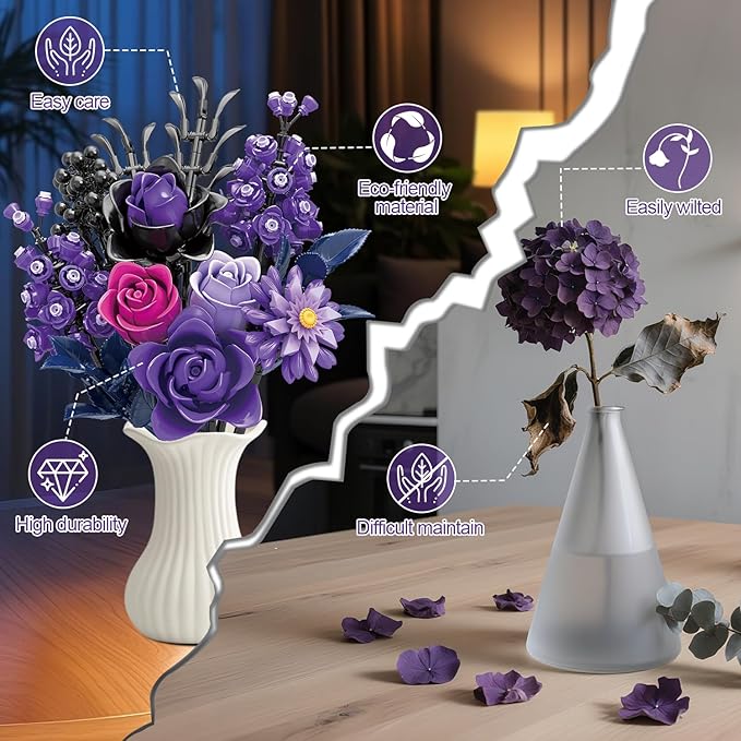 Gohero Purple Roses Building Blocks Set (822PCS) - Lego Compatible Flowers for Adults Gothic Home Decor for Women &amp Teen Girls Making It an Ideal Gift for Halloween Valentine's Day.