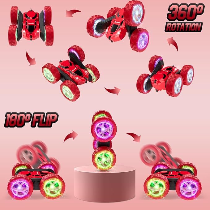 Remote Control Car for Kids Ages 6-12 4WD RC Stunt Car with LED Lights &amp 360° Flips 2.4GHz Fast Electric Toy Vehicle Upgraded Battery Birthday for Boys Ages 8-10