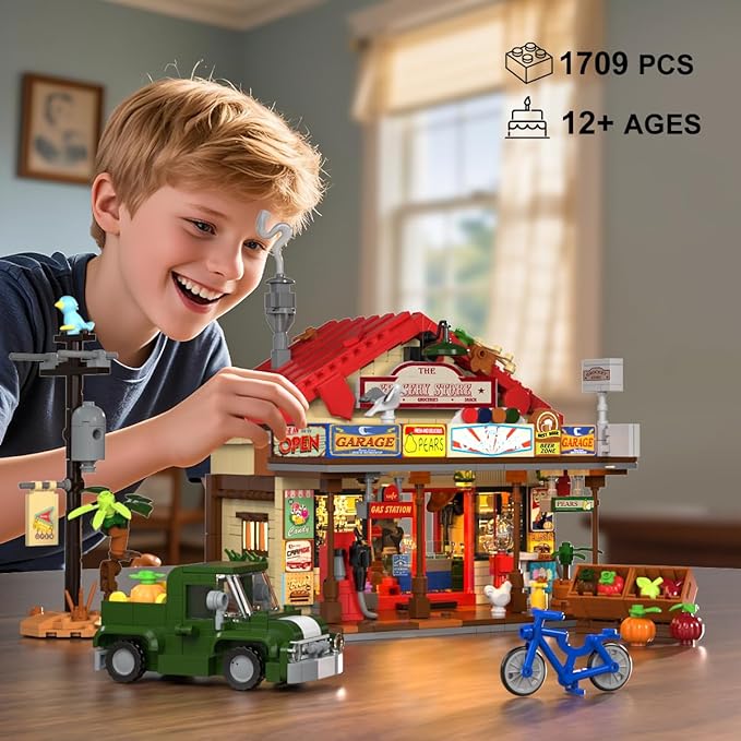 Country General Store Building Set for Adults with Lights 1709 PCS Vintage Shop House Construction Building Block Kit Home Decor Cabin Architecture Model for Women Men Teens Boys Girls 12+