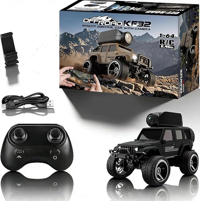1:64 Scale 4WD Alloy Mini RC Crawler Car with FPV Camera 2.4GHz RTR Off-Road Mini Desktop RC Drift Car with LED Lights Adjustable Speed Dual Mode Model Vehicle Toy Gift for Adults Kids