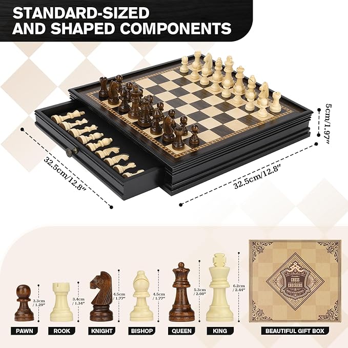 Peradix Magnetic Chess Checkers Board Sets with 2 Built-in Storage Drawers12.8 Classic 2 in 1 Wooden Games with 2 Extra Queens for Kids and AdultsTravel Portable Chess Game Set