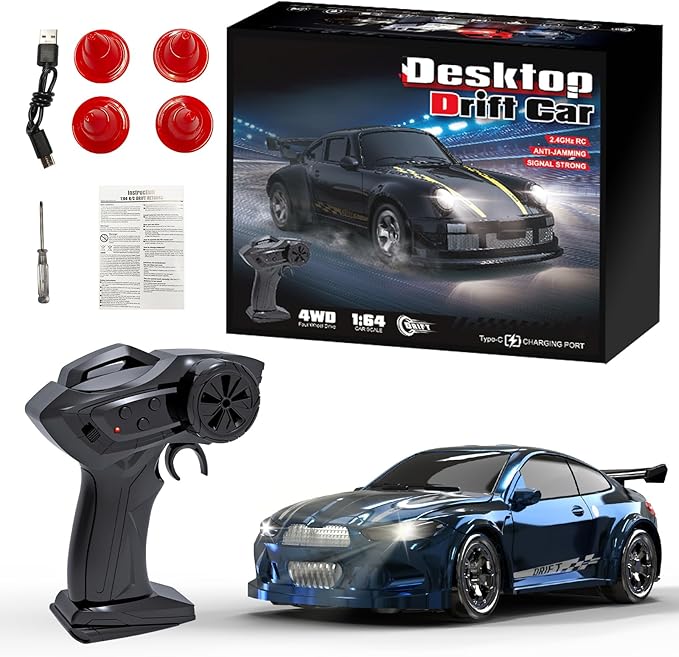 1:64 Scale Mini RC Drift Car 2.4GHz 4WD Full Proportional Model Vehicle with LED Lights Racing Sport Toy for Adults Teens (Blue)
