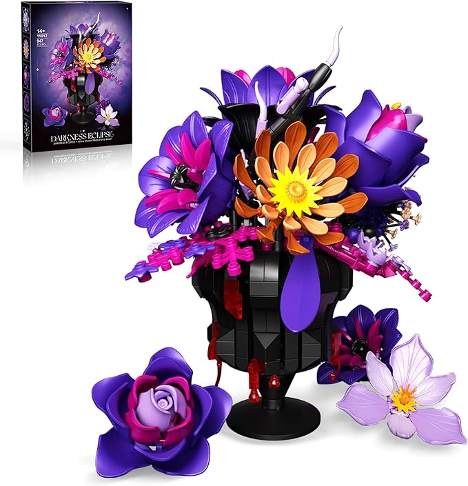Purple Flowers Building Set Rose Bouquet Black Compatible with Lego Botanical Collection Gothic for Adults Women Home Office Decor