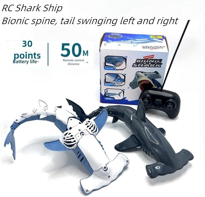 Summer Pool and Beach Remote Control Shark Boat Bath Toys RC Submarine Robo Shark Model Realistic Wiggle-Tail Electric Fish Hammerhead and Dusky Sharks Kids Gift Pool Toy for Ages 6–12 (Blue)