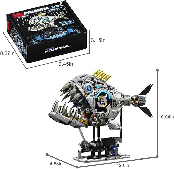 1085-PCS Mechanical Piranhas Fish Building Set with LED Light Movable Linkage Gears Display StandMechanical Fish