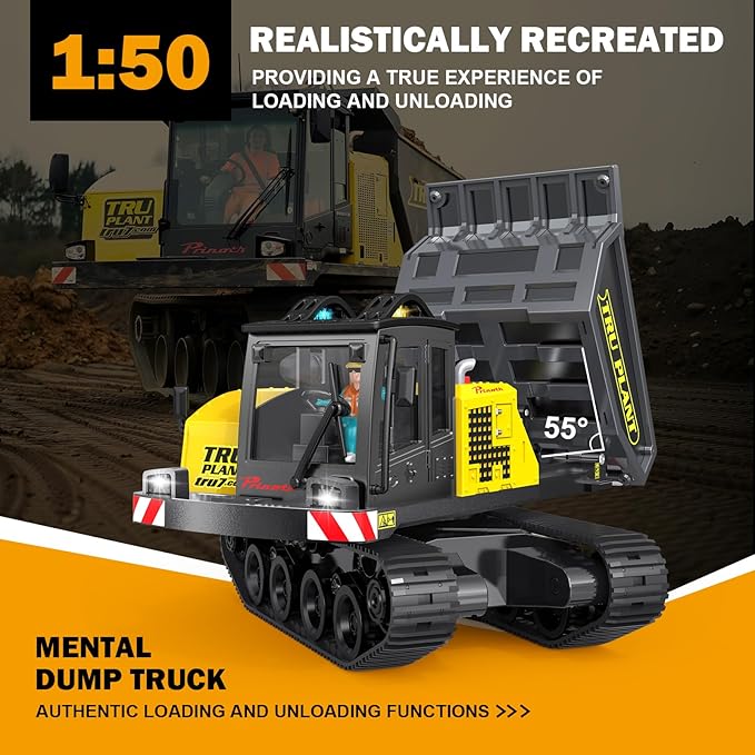 Adult Metal Mini Remote Control Excavator and Dump Truck 1:50 Scale Features a Lever-Driven Digging System and Comes with Two Batteries Making it an Ideal for Model Enthusiasts and Children