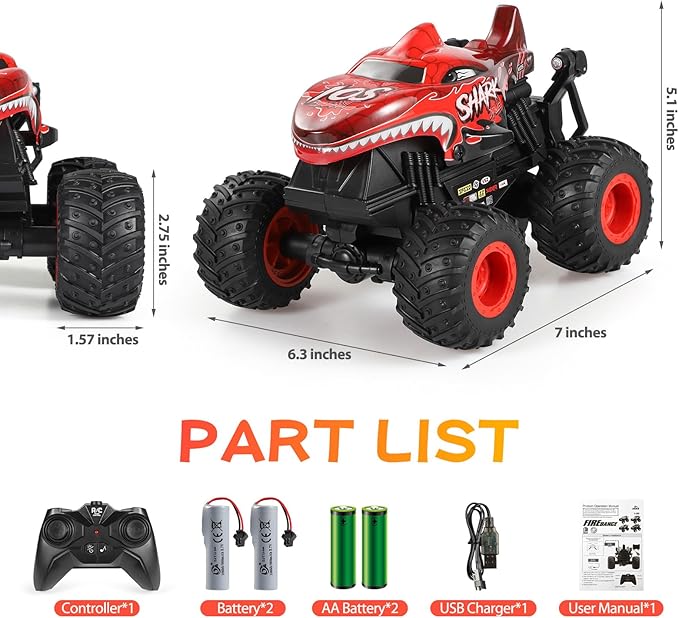 DYODYORC Remote Control Car 2.4Ghz All Terrain Shark Monster Truck Toys RC Truck with Music 3 Lighting Effects 360 Stunt Capable 2 Batteries Ready to Run Toy Gifts for Boys and Girls (Red)