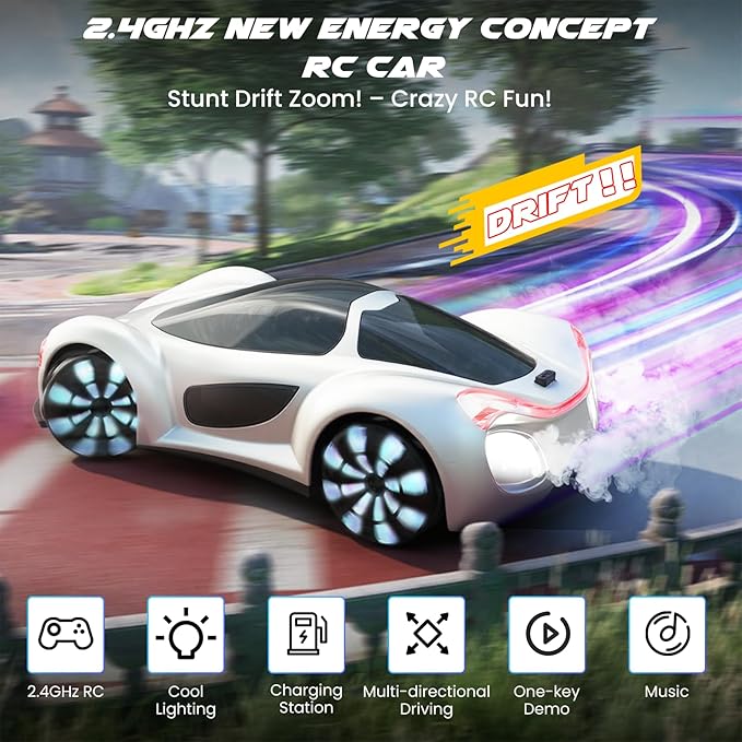 SIMREX Gesture Sensing Remote Control Car with Charging Dock - 360° Rotate Drift RC Stunt Car Toy 40 Min Playtime Dual Control Spray Mist &amp LED Lights Birthday Gift for Kids Boys Girls（White）