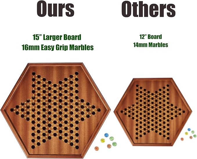 VAMSLOVE Chinese Checkers 15 Large Upgraded Version Wooden Game Board 16mm 60+12 Colorful Glass Marbles Easy Grasping for Adults and Kids w/Storage Drawer Fun for Family Gathering