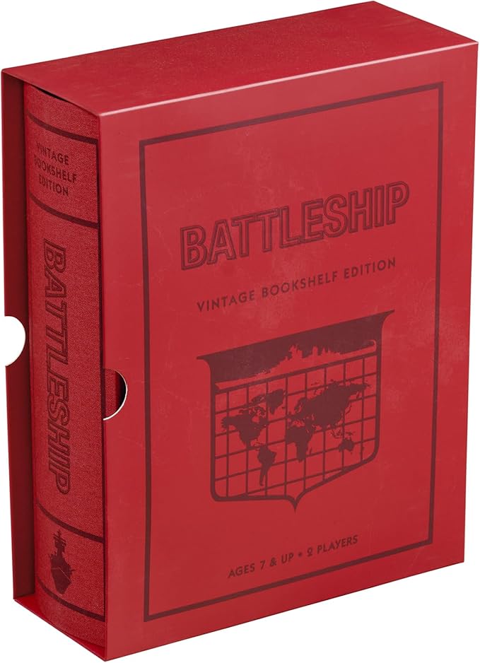 WS Game Company Battleship Vintage Bookshelf Edition Naval War Game Fabric-Wrapped Book Box Folding Battle Cases Vintage Display Board Games for 2 Players Ages 7+