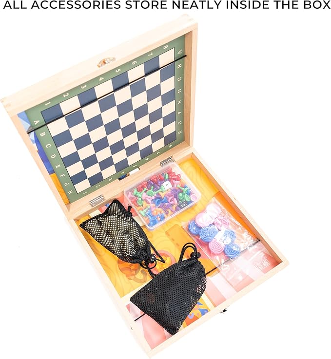5-in-1 Wooden Board Games for Kids &amp Adults Premium Beech Wood Frame Family Game Center with Fast Sling Puck Detachable Flat Chess Board Chinese Checkers Ludo &amp Snakes and Ladders