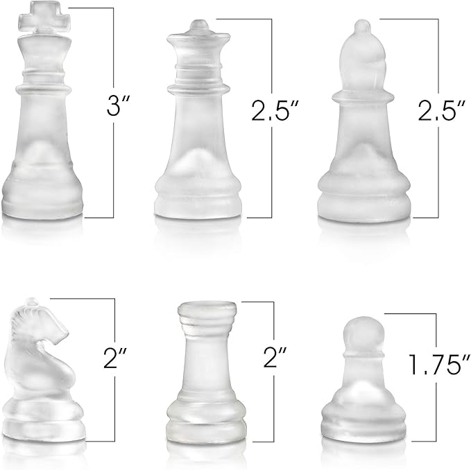 Gamie Premium Glass Chess Set 12 Inch - Elegant Design - Durable Build - 32 Frosted and Clear Pieces - Felted Bottoms - Easy to Carry - Stable &amp Fully Functional for Chess Lovers