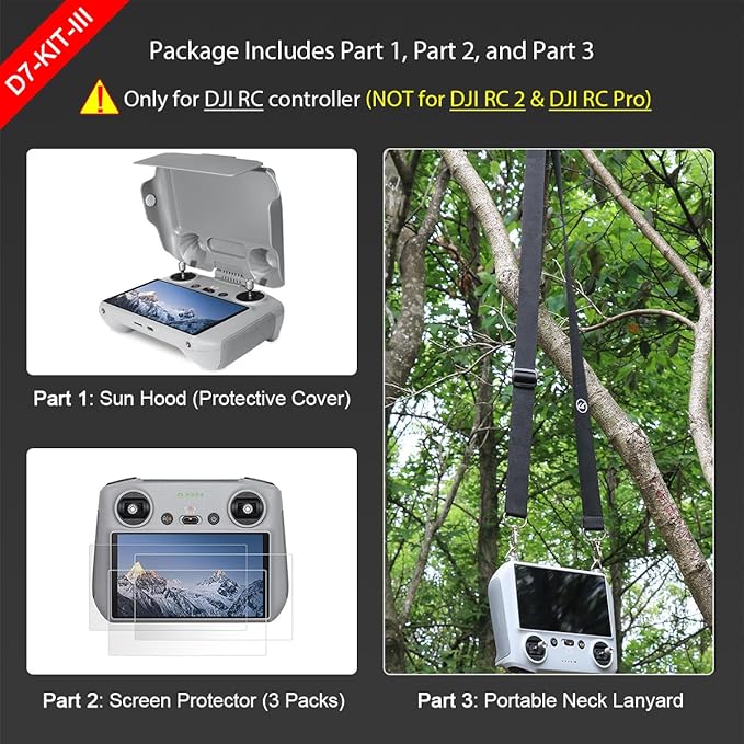 Sun Hood Kit for DJI Mini 3/3 Pro RC Controller Accessories - Anti-Glare Sun Shade Cover Screen Protector and Neck Lanyard