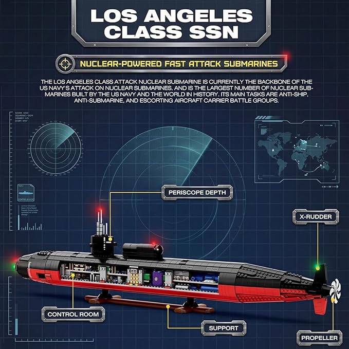 Military Building Block Sets for Adults: 1:125 Los Angeles Class Nuclear Submarine Model RC Submarine Toy WW2 Army USS Battleship &amp Military Vehicles Display Model 2750 PCS