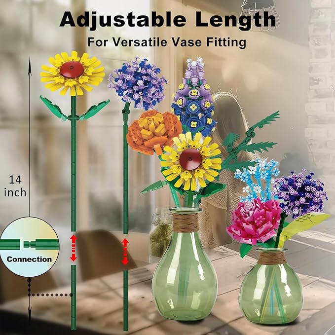 Flowers Bouquet Building Set for Adults Wildflowers Icon Flowers Botanical Collection Kits Compatible with Lego Flowers Valentines Flowers Sets for Women Girls 14+ 11001
