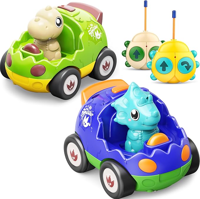 2 Pack Dinosaur Toys Remote Control Cars for Toddlers Ages 2 3 4 5 Christmas Birthday Gifts for 2-5 Year Old Boys Dinosaur RC Car Toys with Music and Lights (Green Blue)
