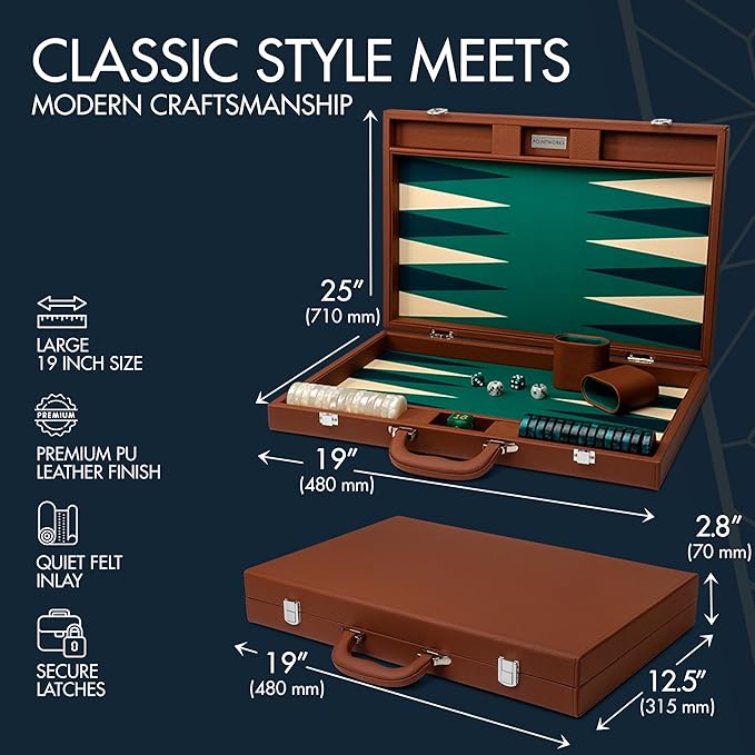 19 Inch Premium Backgammon Sets for Adults Leather Brown - Green. Premium 1.6 Inch Checkers &amp Dice Set Travel Backgammon Set Large Backgammon Board Game Backgammon Game Set